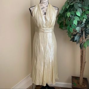 David Meister Metallic Gold Silk Blend Halter Midi Dress Sz 2